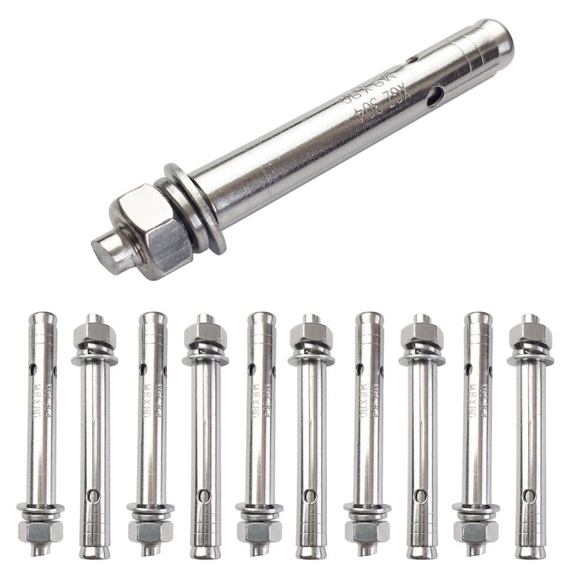 JENSWILL 10 Pack M8x80mm Expansion Bolts Anchor Bolt 304 Stainless Steel External Hex Expansion Screw Bolt Sleeve Anchor Fastener Wall Concrete - Image 1